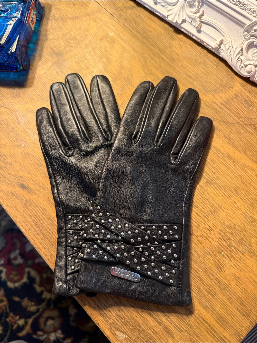 Calvin Klein Black Leather Studded Women's Gloves - Classic Winter Accessory
